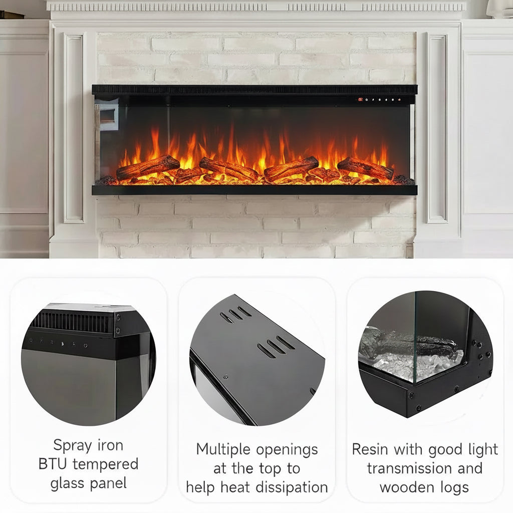 Modern 3-Sided Glass Electric Fireplace Heater 40” 50, 60, 70, 80 Inch