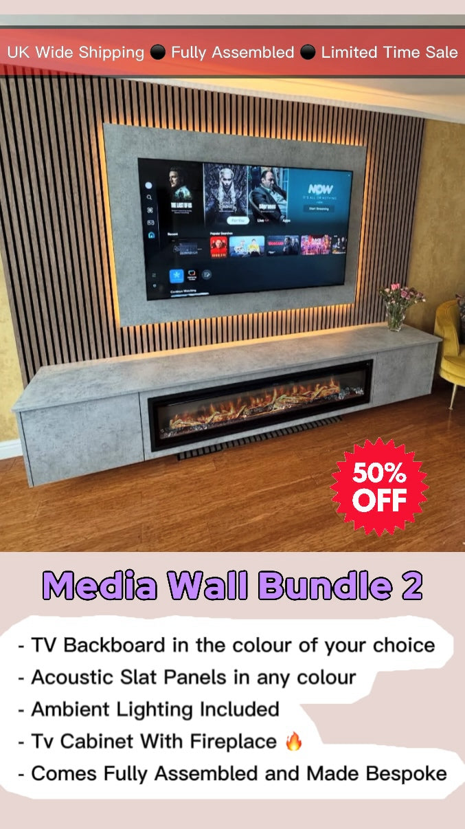 Acoustic Panel Media Wall With Electric Fireplace Bundle