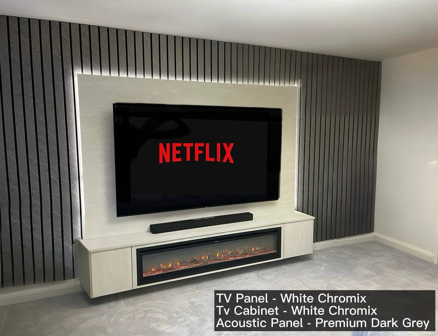 Acoustic Panel Media Wall With Electric Fireplace Bundle