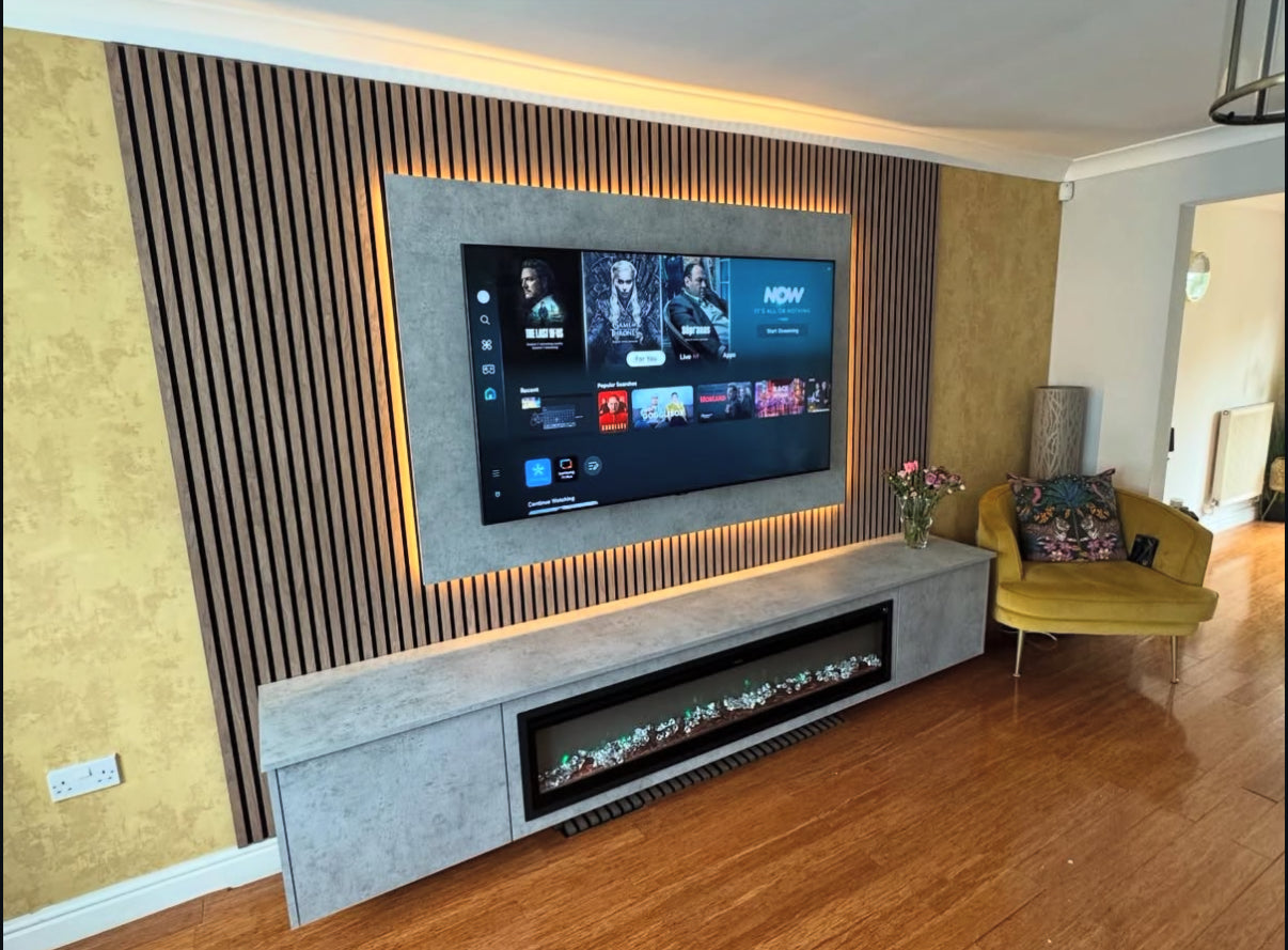 Acoustic Panel Media Wall With Electric Fireplace Bundle